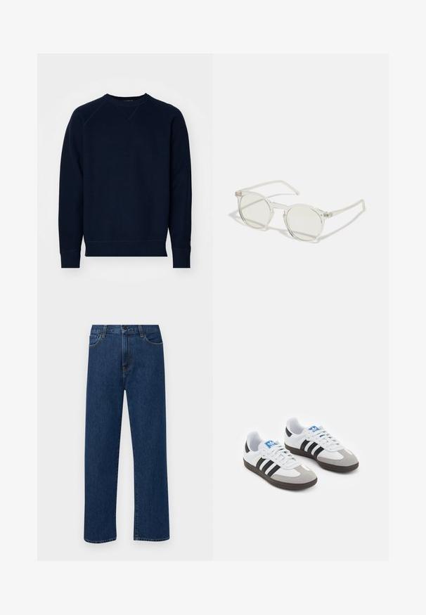 Tumedate sinine svett, mis on valmistatud tekstureeritud kangast, ümar kaelus ja raglanvarrukad. Omab ribatud paelu ja hemmi. Minimalistlik bränding varrukal.; Tumedat sinised sirged teksapüksid esikottide ja nupuklõpsuga, esitatud helesinisel taustal.; Spordijalatsid valge nahkpealsega, halli nubuk-naha otsaga ja kolme musta triibuga. Omab sinist logo keele peal ja struktureeritud kummitalda.; Ümmargused prillid läbipaistva raami, helesiniste läätsede ja õhukeste, selgete tempidega. Raamil on peened metallilised aktsendid.