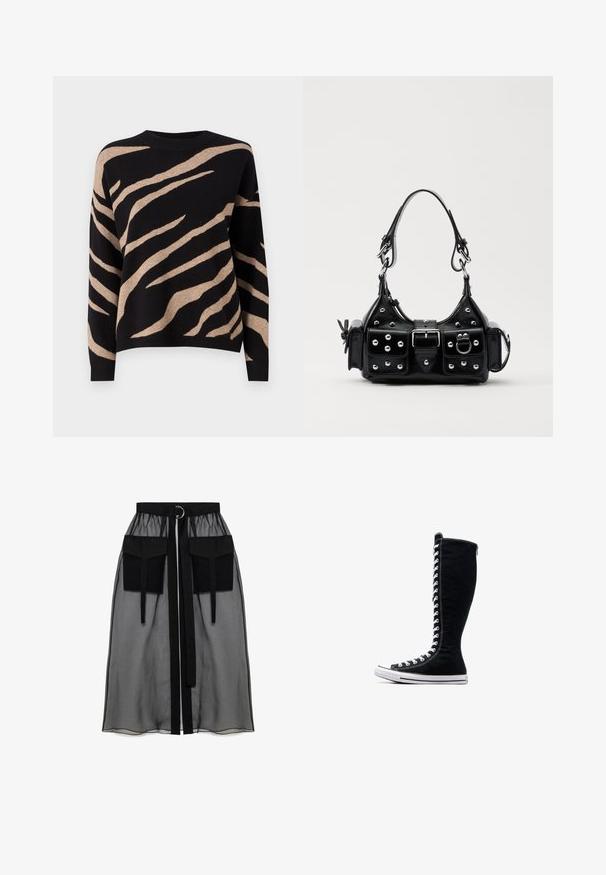 Sort sweater med beige tigerstriber, med rund halsudskæring, lange ærmer og blød tekstur. Kanterne er ribbede.; Sort gennemsigtig nederdel med en rynket talje, der har to store forlommer, et taljebånd og en cirkulær metaldetalje.; Sorte høje sneakers med et højt design, lavet af kanvas. Har hvide snørebånd, syninger og en gummisål med en tåhætte.; Sort læderhåndtaske med et buet design, prydet med sølvfarvede nitter, en spænde og to sidelommer. Justerbar rem til forskellige bære muligheder.