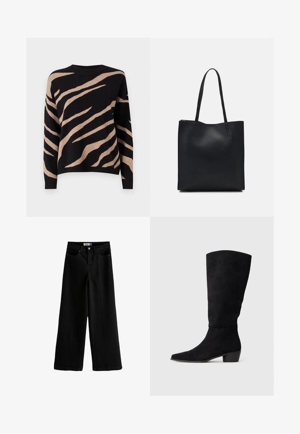 Schwarzer Pullover mit beigem Tigerstreifenmuster, runder Ausschnitt, langen Ärmeln und weicher Textur. Der Saum ist ribbelig verarbeitet.; Schwarze Weitbein-Jeans aus Denim, mit hoher Taille, fünf Taschen und vorderem Knopfverschluss. Glatte Textur mit geraden Säumen.; Schwarze Wildlederkniehohe Stiefel mit niedrigem Blockabsatz und spitzem Schuh, seitlich dargestellt auf einem schlichten hellgrauen Hintergrund.; Schwarze Laptoptasche aus Leder mit glatter Textur, rechteckiger Form und zwei langen Griffen. Keine sichtbaren Beschläge oder Verzierungen.