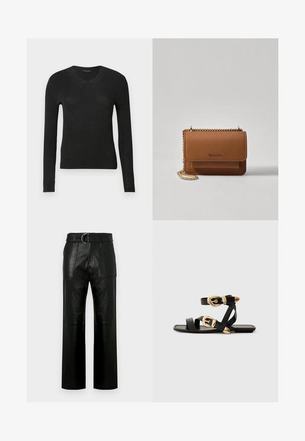 Černý žebrovaný svetr s dlouhými rukávy a výstřihem do V. Má přiléhavý střih a strukturovanou látku s jemným leskem.; Vysoké černé kožené kalhoty s širokými nohavicemi, velkými předními kapsami a odpovídajícím páskem s dvoubodovou sponou.; Černé kožené sandály s pozlacenými přezkami, s vícero popruhy a plochou podrážkou pro nošení s otevřenou špičkou.; Hnědá texturovaná kožená kabelka přes rameno se zlatým řetízkovým popruhem a klopnovým uzavíráním. Přední strana obsahuje detail loga a kapsu pod klopou.