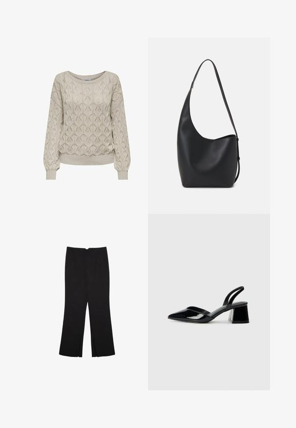 Light beige knitted sweater featuring a geometric pattern, ribbed cuffs, and a wide neckline, offering a textured look and relaxed fit.; Black trousers with a straight fit, featuring front pockets and side slits at the hem. Made of soft, smooth fabric. Suitable for various occasions.; Black patent leather slingback heels with a pointed toe and a geometric block heel. Features a sleek, minimal design and smooth texture.; Black leather hobo bag with a smooth texture, curved shape, and single adjustable strap; features a wide opening at the top.