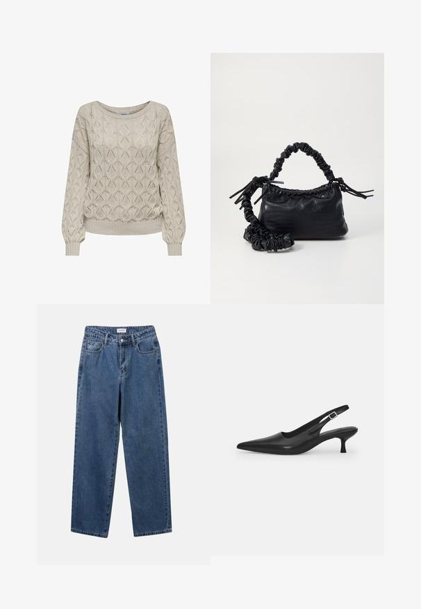 Pull en tricot beige clair avec un motif géométrique, des poignets côtelés et un large col, offrant un look texturé et une coupe décontractée.; Jean en denim bleu classique avec une coupe droite, cinq poches et une fermeture par bouton. Présente un lavage moyen et une texture robuste.; Chaussure slingback en cuir noir avec un bout pointu et un talon fin et incurvé. Dispose d'une sangle ajustable discrète avec une boucle en métal.; Sac à main en simili cuir noir avec une texture crocodile, un dessus resserré et une sangle froncée. A l'apparence douce et compacte.