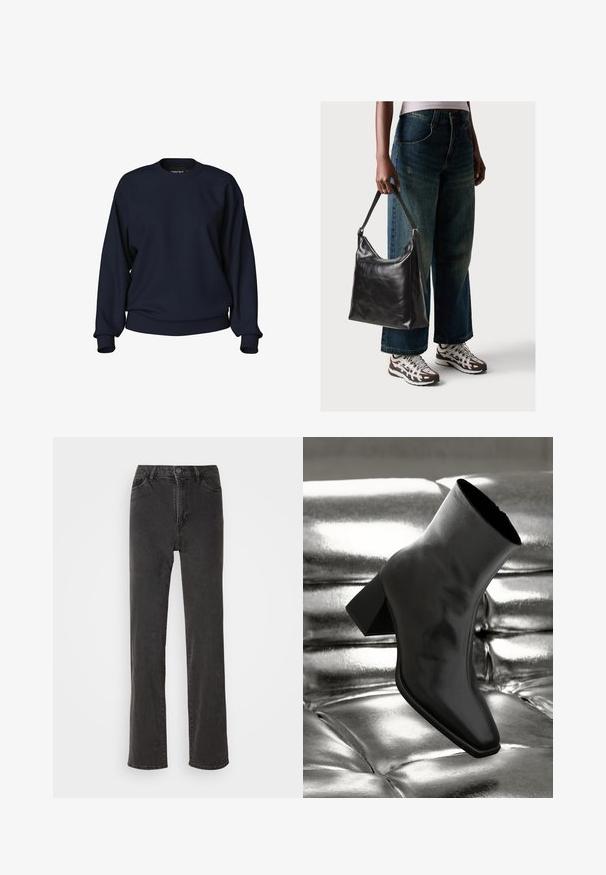 Sweatshirt azul marinho com decote redondo, mangas longas, punhos e cintura canelados. Textura suave sem padrões ou acessórios visíveis.; Calças de ganga pretas com corte reto, cintura alta, cinco bolsos e fecho de botão. O material tem uma leve textura, sem padrões visíveis.; Botim preto de tornozelo feito de material brilhante, com bico quadrado e salto afunilado, posicionado contra um fundo prateado brilhante com detalhes acolchoados.; Bolsa de ombro em couro preto com textura suave e alça ajustável, combinada com jeans de perna larga desbotados e ténis desportivos.