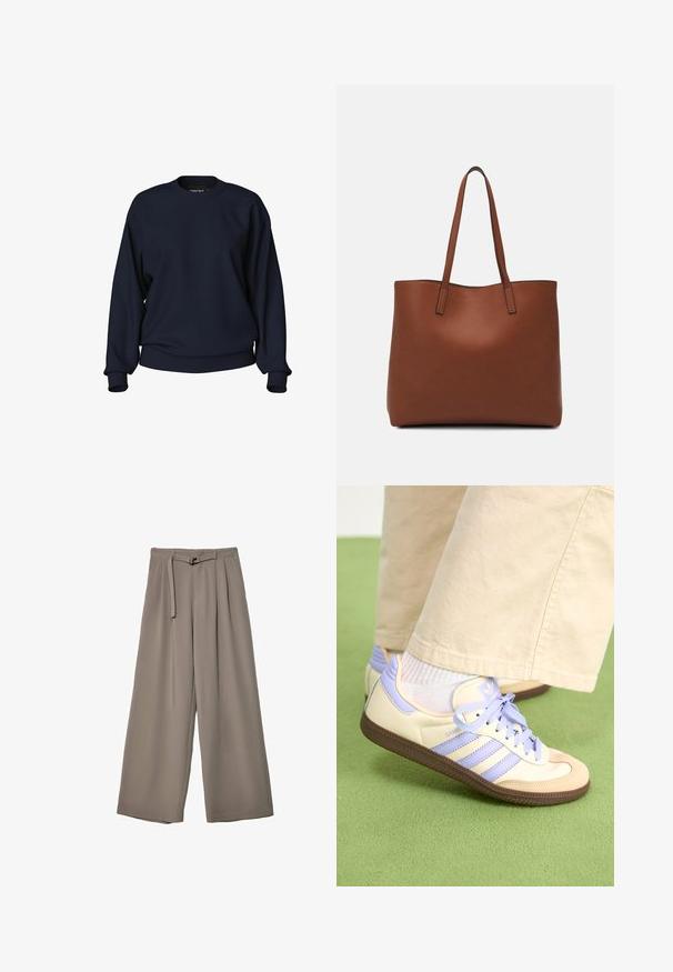 Tamnoplavi dukserica s okruglim izrezom, dugim rukavima, rebrastim manžetama i donjim rubom. Glatka tekstura bez vidljivih uzoraka ili metalnih detalja.; Široke hlače u mekoj, prigušenoj sivoj tkanini, s remenom na struku i plisiranim detaljima za dodatni dizajn. Glatka tekstura, bez uzoraka.; Kremasto-ljubičaste tenisice s tri pruge i strukturiranim smeškim potplatom, s vezicama i podstavljenim petom. Mekana gornja tkanina.; Smeđa kožna torba preko ramena s glatkom teksturom, otvorenim vrhom i dvjema naramenicama. Ima minimalne šavove i nema vidljivog hardvera.