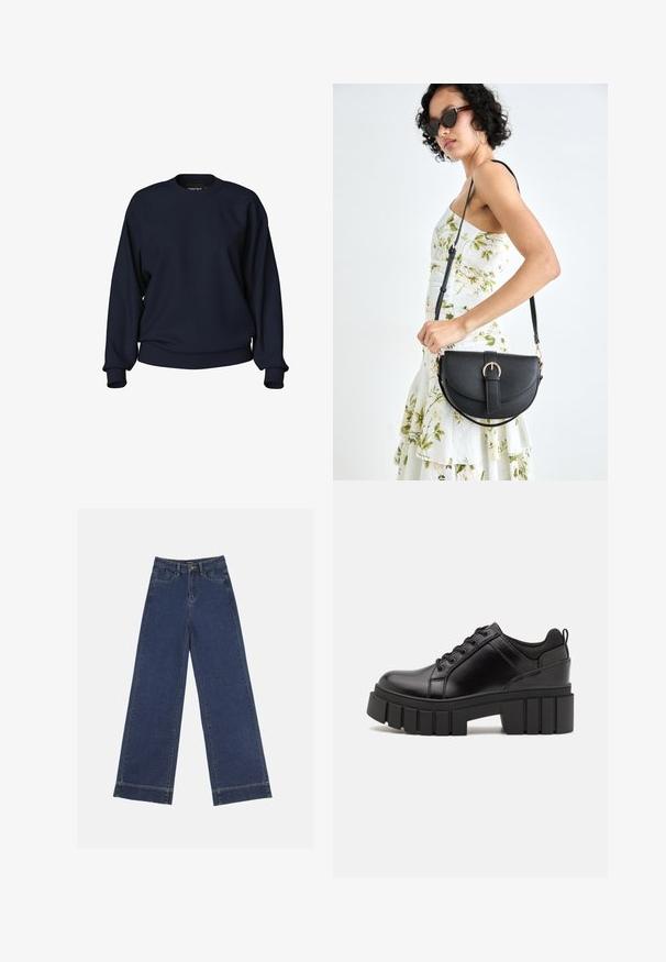 Tamnoplavi dukserica s okruglim izrezom, dugim rukavima, rebrastim manžetama i donjim rubom. Glatka tekstura bez vidljivih uzoraka ili metalnih detalja.; Široke traperice u tamnoplavom denimu. Imaju pet džepova, petlje za pojas i siroki rub na dnu s vidljivim detaljima šavova.; Crne kožne platforme s debelim blok-peta, okruglim prstima i klasičnim dizajnom vezanja. Imaju gladak tekstur i minimalne detalje.; Crna kožna torba s lukovitim oblikom, odvojivim remenom i zlatnim detaljima. Torba ima preklop s kopčom.