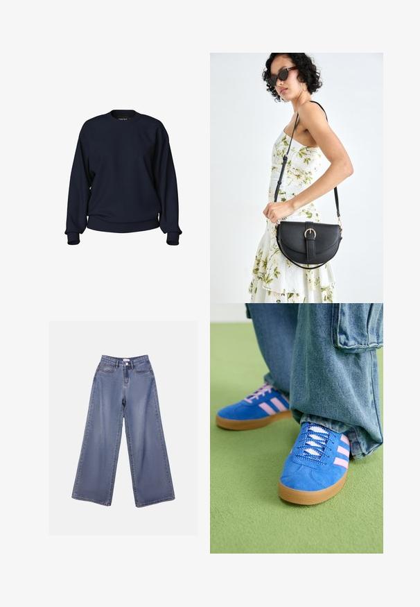 Tumedat sinine kapuutsita sviiter, lühi- ja pikkade varrukatega, ribanud randmed ja vöökoht. Sujuv tekstuur, ilma nähtavate mustriteta või metalldetailideta.; Laia sinise pesu laiad teksad, millel on kõrge talje, ees taskud ja nööbilukuga vöörihmade jaoks.; Sinised sametkingad roosade triipudega ja valgete paeltega, millel on kummist tallad, kombineeritud laia teksapükstega rohelisel pinnal.; Mustmust mustraha kõverate joontega, eemaldatava rihmaga ja kuldsete detailidega. Kotil on klapp, millel on pandladetail.