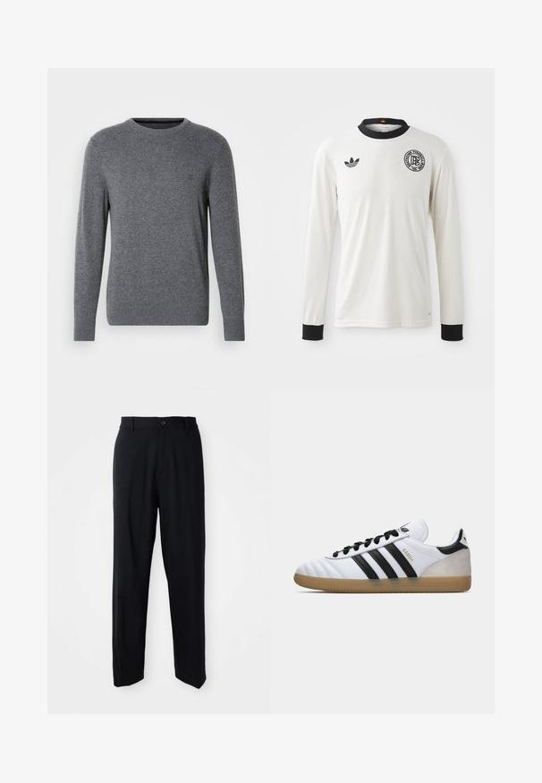 Grå striktrøje med rund halsudskæring og lange ærmer. Har ribbede manchetter og kant, glat tekstur og et lille logo på brystet.; Hvid fodboldtrøje med lange ærmer og ribbet tekstur, sort krave og manchetter, med sort Adidas-logo og cirkulært grafisk emblem.; Sorte lige bukser med bæltestropper, knaplukning og et slankt, minimalistisk design på en neutral baggrund.; Hvide Adidas Samba sneakers med sorte striber, sorte snørebånd, beige suede hæl og gummigummisål, vist i venstre sideprofil.