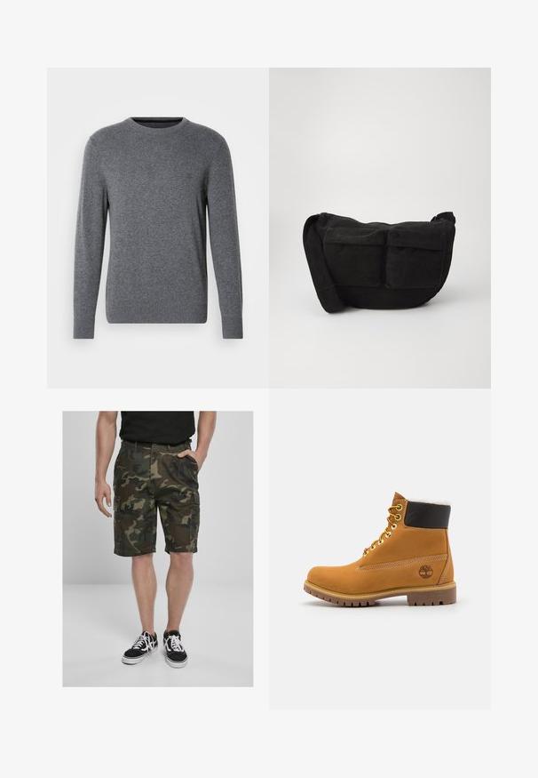 Pelēks adīts džemperis ar apaļu kakla izgriezumu un garām piedurknēm. Iezīmē ribotas aproces un apakšmalu, gludu tekstūru un mazu logotipu uz krūtīm.; Kamikas šorti ar kabatām, izgatavoti no auduma, kurā ir zaļi un brūni toņi. Apvienoti ar melnajiem apaviem ar baltajām auklām.; Brūni ādas potītes zābaki ar metāla acīm, balto kažokādu oderi, melnu mīkstinātu apkakli, izturīgu zoli un iegravētu logo sānos.; Melna korduroja plecu soma ar regulējamu siksnu, ar priekšējām kabatām un mīkstu tekstūru. Kompakts dizains ar minimālistisku apdari.