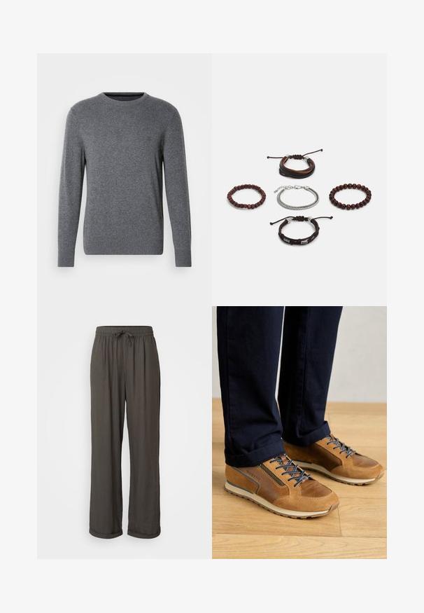 Suéter cinza de malha com gola redonda e mangas longas. Apresenta punhos e bainha canelados, textura suave e um pequeno logotipo no peito.; Calças largas de cor cinza escuro com um cós ajustável, feitas de um tecido macio e texturizado, apresentando punhos dobrados nos tornozelos.; Tênis castanho e bege com uma mistura de couro liso e texturizado, atacadores azuis e uma sola clara, usados com calças azul-marinho em cima de um chão de madeira.; Conjunto de cinco pulseiras com couro castanho, contas de madeira e uma corrente de prata; texturas e formas variadas, com fechos ajustáveis.
