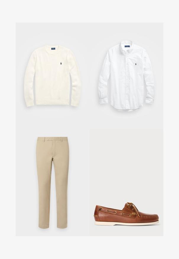 Polo Ralph Lauren LONG SLEEVE SWEATER - Strikkegenser - deckwash white; Hvit langermet skjorte i bomull med knapper. Har en klassisk krage, knappe mansjetter og en liten marineblå brodert logo på brystet.; Beige bomullsbukser med rett snitt, med beltehemper, flat front og skreddersydde nederkanter. Jevn tekstur og minimal detaljering.; Brune lærbådssko med snørebånd, gyldne øjer og cremet gummisål. Designet med et hævet sy-mønster på tåen.