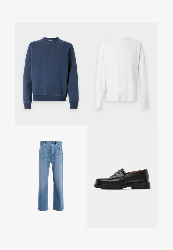 Navy blue sweatshirt made from textured cotton. Features a round neck, long sleeves, and ribbed cuffs. Branding displayed on the chest.; Long-sleeved white cotton shirt with a round neckline, side slits at the bottom, and a smooth texture, displayed from the back.; Light blue denim jeans with a straight-leg design, five pockets, button closure, minimal fading, and contrasting stitching details.; Black leather loafers feature a raised seam, two decorative straps on the upper, and a thick textured sole for added grip.