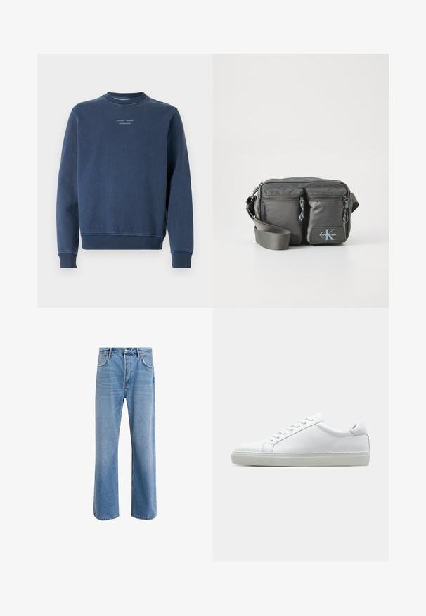 Tamsiai mėlynas džemperis, pagamintas iš tekstūruotos medvilnės. Yra apvaliu kaklu, ilgomis rankovėmis ir gumburais ant rankovių. Ant krūtinės matoma prekių ženklas.; Šviesiai mėlyni džinsai su tiesiu kirpimu, penkios kišenės, mygtuko užsegimas, minimalus blukimas ir kontrastingi siuvimo detalės.; Baltas sportinis batelis su lygiu odiniu paviršiumi ir žemu profiliu. Turi suapvalintą pirštą, šešis akių skyrius ir tekstūruotą gumos padą.; Pilkos nailono per petį nešiojama krepšys su dviem užtrauktukais priekyje, reguliuojama juosta ir logotipo akcentu. Lygi tekstūra su moderniu dizainu.