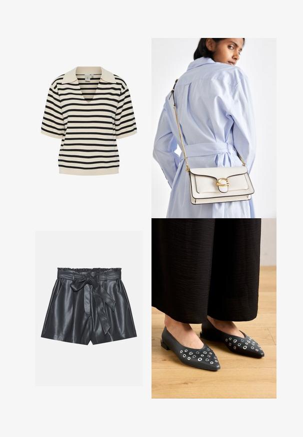 Bluzka krótki rękaw, dekolt w serek w kolorze kremowym z czarnymi poziomymi paskami. Posiada strukturalny kołnierzyk i luźny krój. Miękka, dziana tkanina.; Koronkowa bluzka w kolorze łososiowym z misternymi wzorami, długimi rękawami, zapięciem na guziki z przodu oraz kołnierzykiem mandarynkowym. Delikatne wykończenie przy mankietach.; Czarne skórzane szorty z wysokim stanem, elastycznym paskiem, odpinanym paskiem oraz gładką teksturą. Posiadają płaski przód i boczne kieszenie.; Czarne skórzane baleriny z ostrym noskiem, ozdobione metalowymi oczkami w różnych rozmiarach oraz niskim kwadratowym obcasem. Gładka faktura na drewnianej podłodze.; Biała skórzana torebka z złotymi akcentami, z przednią klapą i czarnymi krawędziami, z łańcuszkowym paskiem noszona na krzyż na tle jasnoniebieskiej koszuli.