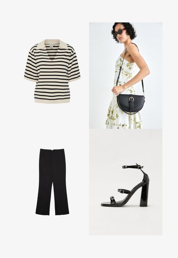 Kurzarmpullover mit V-Ausschnitt in Creme mit schwarzen Horizontalstreifen. Verfügt über einen strukturierten Kragen und eine lockere Passform. Weiches, gestricktes Material.; Schwarze Hose mit geradem Schnitt, ausgestattet mit Fronttaschen und Seitenschlitzen am Saum. Hergestellt aus weichem, glattem Stoff. Geeignet für verschiedene Anlässe.; Schwarze patentierte Sandalen mit Absatz, quadratischer Spitze, Knöchelriemen und silbernen Schnallen. Mit einem stabilen Blockabsatz für mehr Stabilität.; Schwarze Lederhandtasche mit geschwungener Form, abnehmbarem Tragegurt und goldenen Beschlägen. Die Tasche verfügt über einen Deckel mit einer Schnallen-Details.