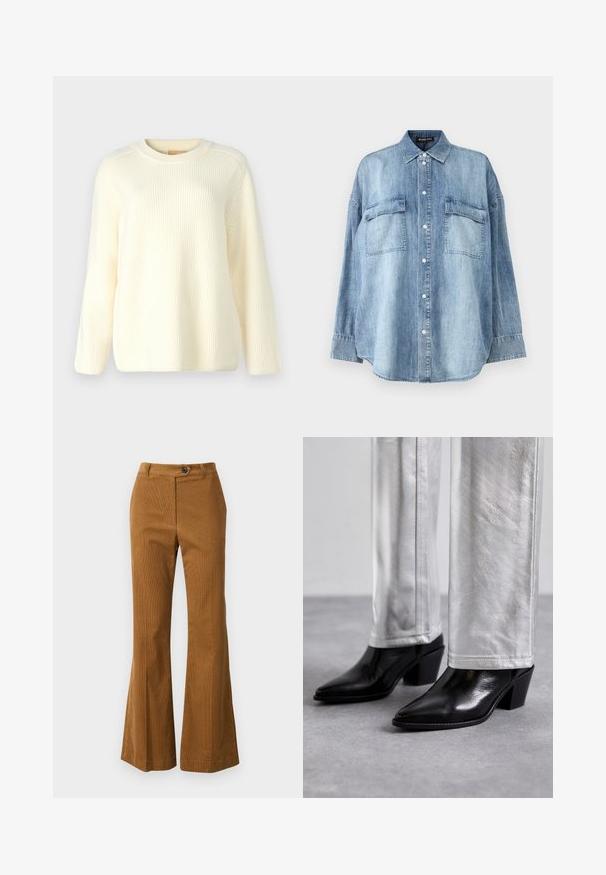 Maglione a coste color crema con colletto rotondo, maniche lunghe e vestibilità rilassata. Texture morbida con linee orizzontali in tutto il capo.; Camicia in denim blu chiaro con colletto a punta, bottoni frontali e due tasche sul petto. Presenta maniche lunghe e una vestibilità rilassata.; Pantaloni a zampa d'elefante marroni realizzati in tessuto testurizzato, dotati di chiusura con bottone e design della vita pulito.; Stivali neri in pelle fino alla caviglia con punta affilata e tacco a blocco, abbinati a pantaloni argentati lucidi, che mostrano texture eleganti e colori a contrasto.