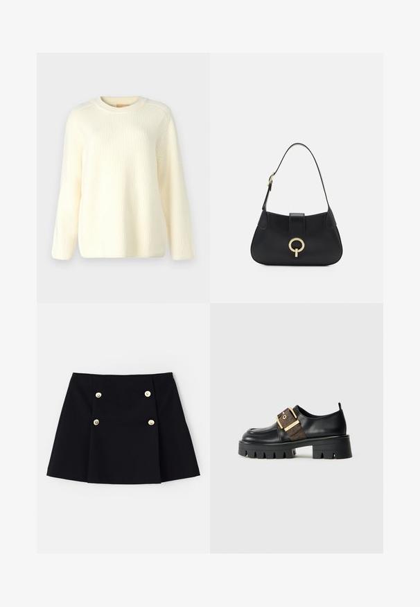 Kremkrāsas ribota adīta džemperis ar apaļo kakla izgriezumu, garām piedurknēm un brīvu piegriezumu. Mīksta tekstūra ar horizontālām līnijām visā virsmā.; Melnā mini svārku mode no elastīga auduma, ar divām zelta pogām priekšpusē, kroku dizains un taisna apakšmala.; Melnas ādas kurpes ar masīvu zoli, ar zelta sprādzi un teksturētu brūnu akcentu. Apaļa purngala forma un minimālistisks dizains.; Melna ādas rokassoma ar izliekta siluetu, īsu siksnu, centrālo zelta krāsas aksesuāru un gludu tekstūru. Nav redzamu rakstu vai akcentu.