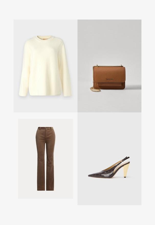 Crème ribgebreide trui met ronde hals, lange mouwen en een relaxte pasvorm. Zachte textuur met horizontale lijnen door het geheel.; Bruine ribfluwelen broek met een recht pasvorm, voorzien van riemlussen, zijzakken en een subtiele verticale ribbelstructuur voor textuur.; Puntige slingback hak in donkerbruin glanzend faux krokodillenleer. Kenmerkt zich door een goudkleurige geometrische hak en een verstelbare enkelband.; Bruine lederen schoudertas met textuur, voorzien van een gouden kettingstrap en klepsluiting. De voorkant heeft een logo-detail en een zak onder de klep.