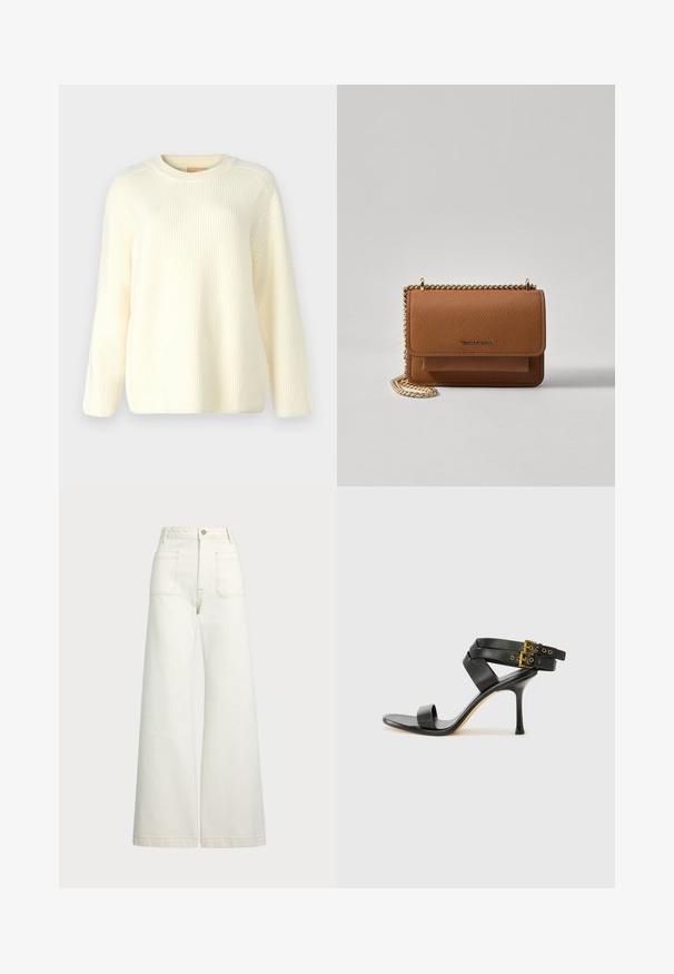 Pullover de malha canelada creme com gola redonda, mangas longas e um corte relaxado. Textura suave com linhas horizontais por toda a peça.; Jeans de perna larga em denim off-white. Design de cintura alta com fecho de botão, dois bolsos frontais e detalhes de costura em contraste.; Sandal preto de salto alto com tiras cruzadas e fivela ajustável. Apresenta uma textura suave e um salto agulha afilado.; Bolsa crossbody de couro texturizado castanho com alça de corrente dourada e fecho com aba. A parte da frente apresenta detalhe do logótipo e um bolso sob a aba.