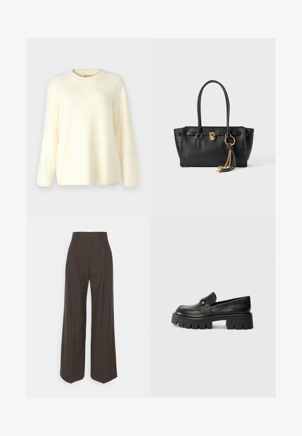 Krémový rebrovaný pletený sveter s okrúhlym výstrihom, dlhými rukávmi a uvoľneným strihom. Mäkko textúrovaný s horizontálnymi pruhmi po celom povrchu.; Tmavohnedé široké nohavice s vysokým pásom, ktoré majú úhľadne prežehlené záhyby, hladkú textúru a strih na mieru.; Čierne kožené mokasíny s masívnou podrážkou, s akcentom v zlatej farbe na prednej strane a hladkým povrchom. Na podrážke je výrazný dezén.; Čierna kožená kabelka s dvojitými uchami, zlatým zámkom a reťazovým detailom, a čierno-bielym strapcom na bielom pozadí.