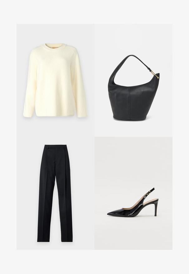 Cremfarbener gerippter Strickpullover mit Rundhalsausschnitt, langen Ärmeln und lockerer Passform. Weicher Stoff mit horizontalen Linien.; Schwarze Hosen aus glattem Stoff mit hoher Taille, weitem Bein, vorderen Falten und klassischen Gürtelschlaufen. Keine sichtbaren Seitentaschen.; Schwarz lackierte Slingback-Pumps mit spitzem Zehenbereich, schlankem Absatz und einem subtilen Ausschnittdesign. Verfügt über eine goldene Schnalle am Riemen.; Schwarze Lederhandtasche mit abgerundeter Form, breitem Tragegurt und strukturiertem Finish. Besitzt eine subtile Nahtdetails und einen Akzent aus goldfarbenem Metall.