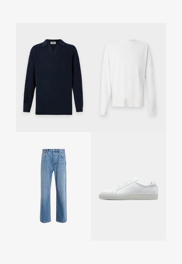 Pull en tricot côtelé bleu marine avec un col en V, un col court et des manches longues. Fabriqué à partir d'un matériau doux avec une finition texturée.; Chemise en coton blanc à manches longues avec un col rond, fentes latérales en bas et une texture lisse, présentée de dos.; Jeans en denim bleu clair avec une coupe droite, cinq poches, fermeture à bouton, peu d'usure et des détails de couture contrastés.; Sneaker blanche avec une tige en cuir lisse et un profil bas. Présente un bout arrondi, six œillets et une semelle en caoutchouc texturé.