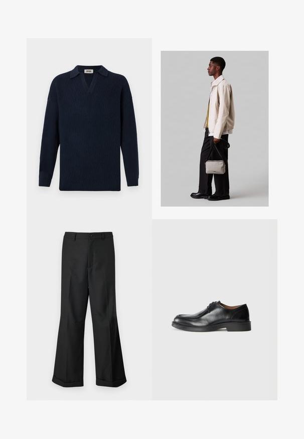 Marineblå ribbestrikket genser med V-hals, kort krage og lange ermer. Laget av mykt materiale med en teksturert overflate.; Svart vide buks med knappet midjebånd og oppbrettede nederkant, vist mot en enkel hvit bakgrunn.; Svarte lærdressko med rund tå, glatt overflate, snøredetaljer og lav, teksturert gummisåle. Rette linjer og minimalistisk design.; Lys beige jakke med elastisk linning, kombinert med en grønn skjorte og sorte bukser. Bærer en liten grå crossbody-veske. Sorte sko.