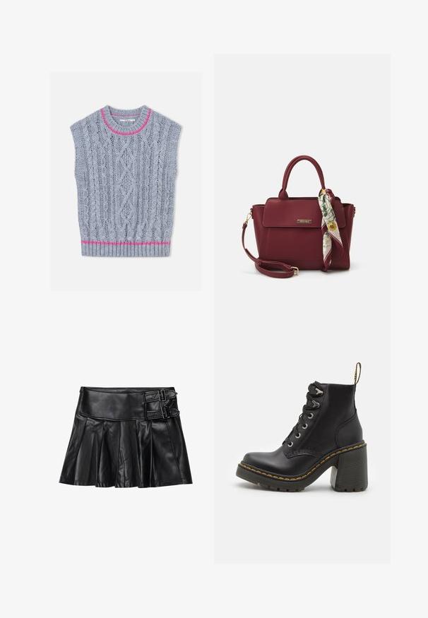 Gilet a maglia grigio chiaro con motivo a trecce, dettaglio rosa intorno allo scollo e orlo inferiore a coste. Maniche corte.; Gonna in pelle nera con pieghe, cintura ampia e due dettagli con fibbia ai lati. Texture liscia con una finitura lucida.; Stivaletto in pelle nera con tacco alto chunky, lacci frontali, occhielli in metallo e cuciture gialle lungo la suola. Suola in gomma testurizzata.; Borsa borgogna realizzata in materiale sintetico con un design strutturato, dotata di tracolla removibile e un foulard a motivi floreali legato al manico.