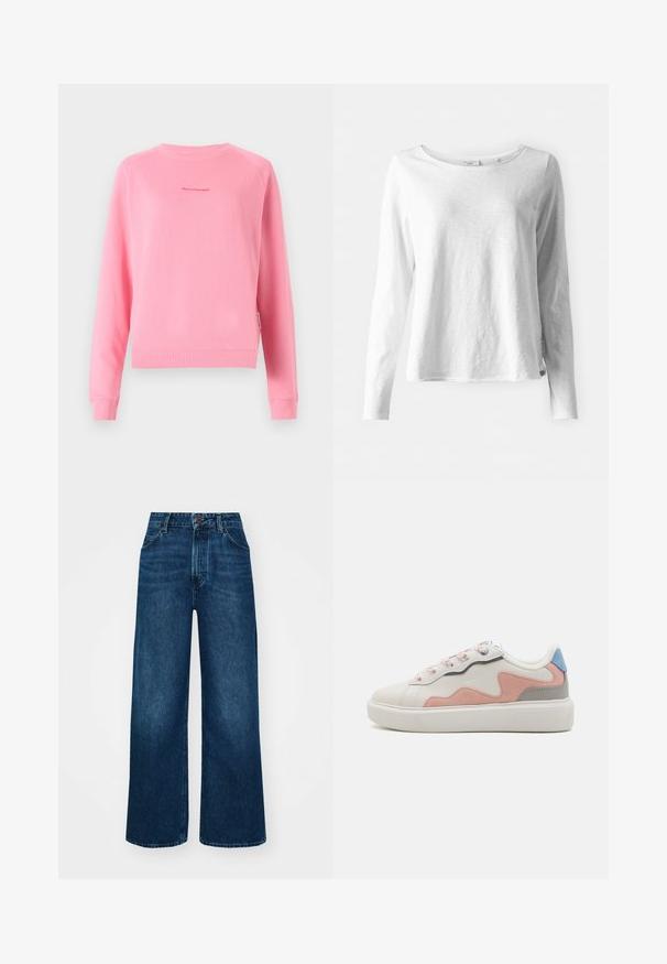 Rózsaszín pulóver hosszú, raglán ujjal, bordás mandzsettákkal és aljjal, középen egy kis nyomott logóval. Simaságot sugalló, pamut anyag textúra.; Hosszú ujjú, fehér póló puha, könnyű anyagból; kerek nyakkal és enyhén laza szabással rendelkezik; címke látható az oldalon.; Magas derekú, széles szárú farmernadrág sötétkék denimből, sima tapintással, kontrasztos varrással és öt zsebes kialakítással. Elöl gombos záródás.; Alacsony szárú sportcipők, fehér szintetikus felsőrésszel, rózsaszín és szürke velúrbetétekkel, texturált fehér gumitalppal és színes fűzőkkel.