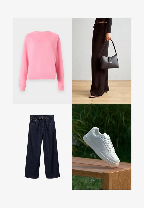 Rosa sweatshirt med långa raglanärmar, ribbade manschetter och fåll, med en liten tryckt logotyp i centrum. Mjuk, bomullstextur.; Mörkblå vida jeanstights i denim. Har en bältesmidja med flera knappar, framfickor och en ren finish vid fållarna.; Vita sneakers med en slät syntetisk ovandel, perforerat tåparti, platta snören och en strukturerad sula, placerade på en träyta.; Svart handväska med strukturerad form, slät yta och metallspänne. Matchad med vida svarta byxor och sandaler med öppen tå på trägolv.; Set med guldtonade örhängen med olika designer, inklusive studs, hoops och hängande delar med pärlor och rhinestones.