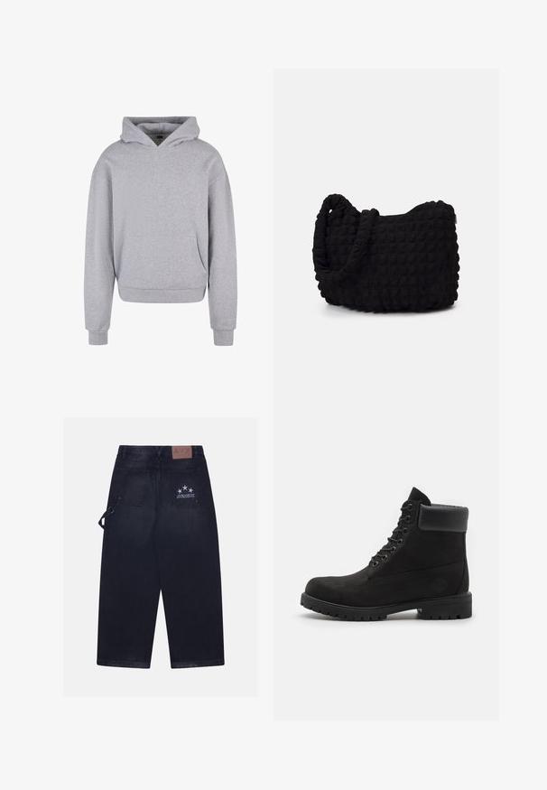 Grijze katoenen hoodie met een voorzak, een capuchon met trekkoord en ribgebreide manchetten en zoom. Heeft een zachte, gestructureerde afwerking.; Twee kortemouw t-shirts, één wit en één zwart, met een hooghals ontwerp gemaakt van zachte katoen.; Donkerdenim broek met een losse pasvorm. Bevat twee achterzakken, een leren label met logo en een vijf-sterren ontwerp op één zak.; Zwarte enkellaars met vetersluiting, voorzien van een gevoerde kraag en een robuuste zool, weergegeven in profiel tegen een witte achtergrond.; Zwarte stoffen tas met een gestructureerd, gewatteerd patroon. Rondvormig, korte, dikke handvatten en een zachte, flexibele structuur.