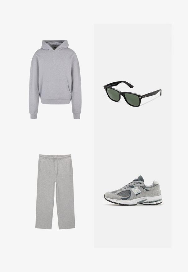 Sivá bavlnená mikina s kapucňou, prednou vreckom, šnúrkami na kapucňu a rebrovanými manžetami a lemami. Má jemný, textúrovaný povrch.; Šedé bavlnené nohavice na voľný čas s elastickým pásom, šnúrkou a dvomi bočnými vreckami; rovný strih nohavíc, jemná textúra, bez vzorov.; Sivé tenisky s sieťovinou a semišovými materiálmi, so bielym logom, vypolstrovaným golierom a textúrovanou gumovou podrážkou. Akcenty v tmavšej sivej.; Čierne plastové slnečné okuliare so zelenými šošovkami, štvorcové rámy, strieborný akcent na obočí a textúrované ramenné opierky. Brand uvedený na vnútornej strane ramien.