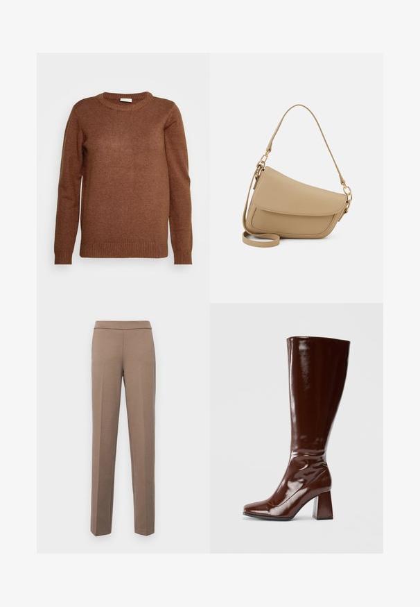 VILA VIRIL O-NECK - Camisola - chocolate lab; Calças castanhas, ajustadas, com um tecido suave e elástico. Pernas retas e uma cintura lisa sem ferragens ou bolsos visíveis.; Botas castanhas de couro envernizado até ao joelho, com biqueira quadrada, acabamento brilhante e um salto robusto para maior estabilidade. Design sem costuras, sem hardware visível.; Even&Odd Mala de mão - beige