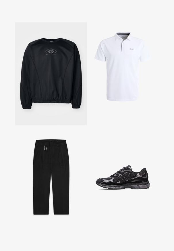 Must värvi dressipluus ümmarguse kaelusega, soonikuga mansetid ja hem. Rinnaosas on peen graafikatrükk ning kangas on sile, veidi tekstuuriga.; Valge polo särk tekstuuriga kangast, lühikeste varrukatega ja lukuga kraega. Vasakul rinnal on hall logo.; Mustad mustad püksid sirge jala disainiga, millel on hõbedane metallist karabiin ja kaks küljetaskut. Valmistatud siledast kangast.; Mustad mustus spordijalats, millel on võrk- ja nubukülem, kus on tekstuuriga disain ning tugev ning pehme hall tallad.