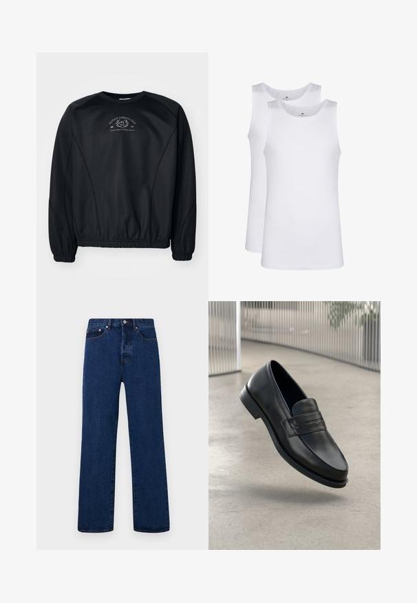 Czarny sweatshirt z okrągłym dekoltem, ściągaczami na rękawach i u dołu. Posiada subtelny nadruk graficzny na klatce piersiowej oraz gładką, lekko fakturowaną tkaninę.; Białe bawełniane topy na ramiączkach, bez rękawów, okrągły dekolt, gładka faktura, wykonane z miękkiej, lekkiej tkaniny. Wyeksponowane dwa egzemplarze.; Granatowe dżinsy z prostą nogawką, z pomarańczowymi stębnowaniami, zapinane na guziki oraz z dwiema przednimi kieszeniami z kontrastującymi nitami.; Czarna skórzana wsuwana półbut, o gładkiej fakturze, spiczastym nosku i ozdobnym paskiem na podbiciu. Lekka podeszwa, minimalistyczny design.