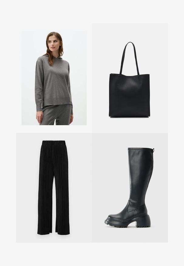 Sweatshirt à capuche gris avec des longues manches et une coupe décontractée. Présente un tissu texturé et doux avec des fentes sur les côtés à l'ourlet.; Pantalons plissés noirs avec une taille élastique. Présente des jambes larges et un tissu lisse texturé avec des rayures verticales.; Botte en cuir noir haute avec semelle plateforme épaisse et talon carré, dotée d'une languette et d'un motif texturé sur la semelle extérieure.; Sac fourre-tout en cuir noir avec une texture lisse, de forme rectangulaire et deux longues poignées. Pas de matériel ou d'ornementations visibles.