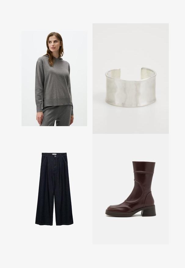 Felpa grigia con cappuccio, maniche lunghe e vestibilità rilassata. Presenta un tessuto morbido e texturizzato con fessure laterali sull'orlo.; Pantaloni larghi in denim scuro con vita alta, dotati di chiusura frontale con bottone, due tasche laterali e dettagli di cucitura.; MIISTA MALENE - Stivaletti - brown; Zign Bracciale - silver-coloured