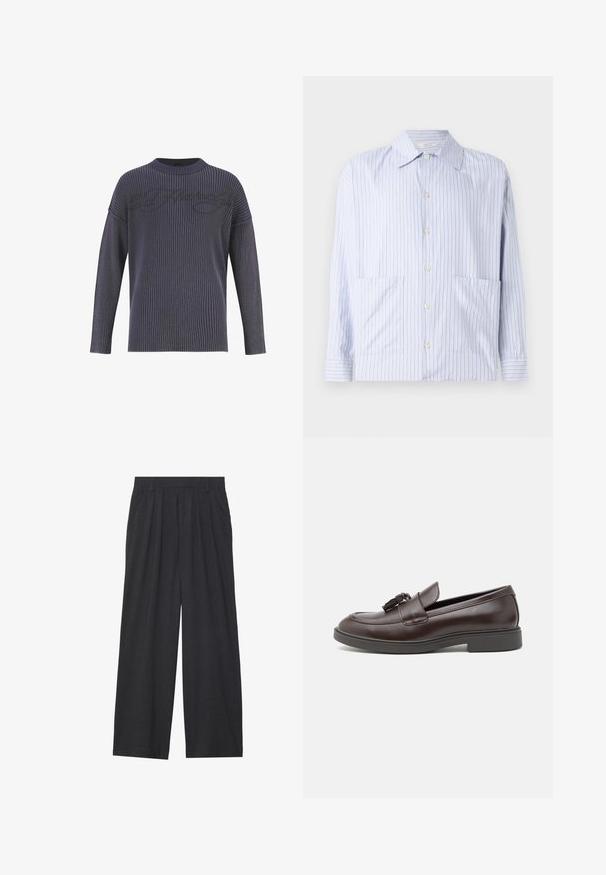 Dunkelgrauer gestrickter Pullover mit gerippter Textur, weitem Rundhalsausschnitt und überschnittenen Schultern. Verfügbar mit einem dezenten Logo-Muster auf der Vorderseite.; Gestreiftes Langarmhemd in Hellblau und Weiß, mit klassischem Kragen, Knopfleiste und zwei Vordertaschen. Glattes Baumwollgewebe.; Weit geschnittene Hosen aus dunkelgrauem Stoff. Merkmale sind Falten an der Taille, ein maßgeschneiderter Schnitt und eine gerade Silhouette.; Braune Lederloafers mit runder Zehenpartie, einem dekorativen Quasten, gesteppten Details und einem niedrigen Gummihalter für zusätzlichen Komfort.