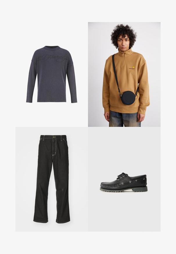 Dunkelgrauer gestrickter Pullover mit gerippter Textur, weitem Rundhalsausschnitt und überschnittenen Schultern. Verfügbar mit einem dezenten Logo-Muster auf der Vorderseite.; Schwarze Denim-Jeans mit lockerer Passform, kontrastierenden weißen Nähten, einem Knopfverschluss und geradem Bein.; Schwarze, strukturierte Schnürschuhe mit runder Zehenform, metallischen Ösen und einer robusten grauen Gummisohle. Verfügt über ein gewebtes Muster im oberen Bereich.; Braunes Fleece-Sweatshirt mit Viertelreißverschluss und gesticktem Logo, kombiniert mit einer schwarzen runden Umhängetasche mit Reißverschluss und Logodetails, getragen über einer Jeans.