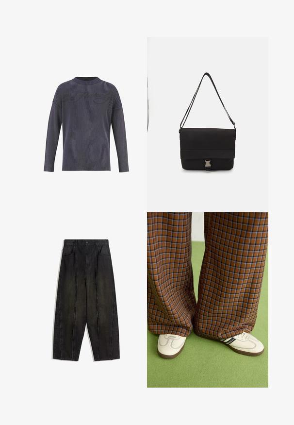Donkergrijze gebreide trui met geribbelde textuur, brede ronde hals en verlaagde schouders. Bevat een subtiele logopatroon op de voorkant.; Zwarte denim broek met wijde pijpen, zichtbare naden en rafelige randen, met twee voorkozyekken en een hoge taille.; Bruine en blauwe geruite wijde broek, gecombineerd met witte schoenen met zwarte accenten en een gestructureerde zool, gezet tegen een groene achtergrond.; Zwarte schoudertas van glad materiaal, met een omklapflap, zilveren sluiting en een verstelbare schouderband.