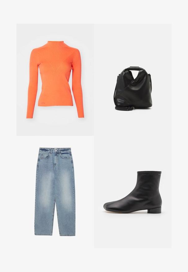 Suéter de gola alta canelado em laranja brilhante, com mangas longas e um silhueta ajustada com um elemento de design em V na parte da frente.; Calças de ganga de um azul claro com um corte solto, design de perna reta, cinco bolsos e fecho por botão na cintura. Textura suave.; MM6 Maison Margiela BOOT - Botas clássicas de cano curto - black; Saco preto de couro suave com um design torcido único. Apresenta uma alça curta e uma alça de ombro destacável. Estilo minimalista.