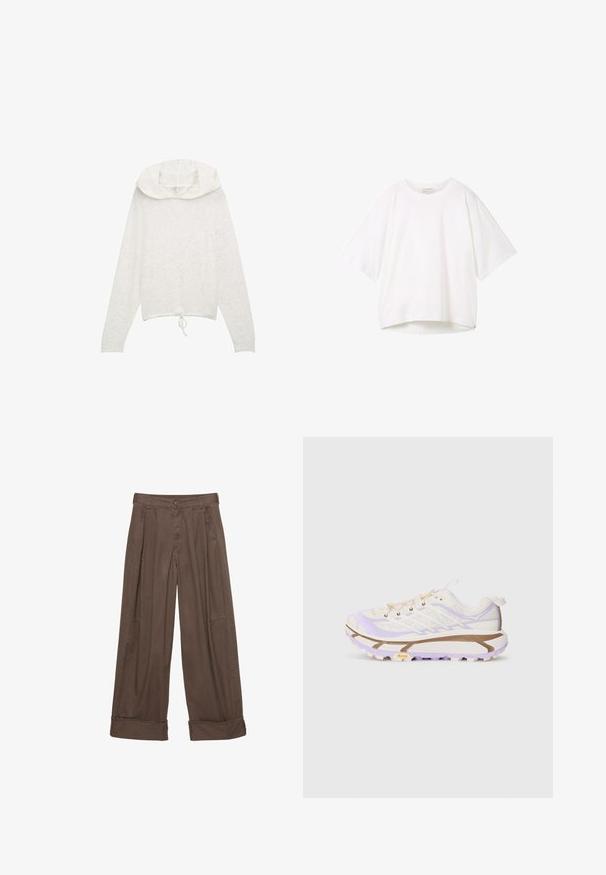 Bela dolga majica s kapuco in vrvico na robu, izdelana iz mehkega, teksturiranega materiala in z okroglo, večplastno kapuco.; Bela kratka majica s kratkimi rokavi, okroglo izrezom, sproščenim krojem in rahlo ukrivljenim robom. Narejena iz gladkega, mehkega materiala z minimalnimi šivi.; Rjave široke hlače iz bombaža, ki imajo gumbasto zapiranje, nabran sprednji del in zavihke za sproščen fit.; Lahki tekaški čevlji z zgornjim delom iz kremne in sivke mreže, ojačanim gumijastim podplatom in značilnimi utori za oprijem.