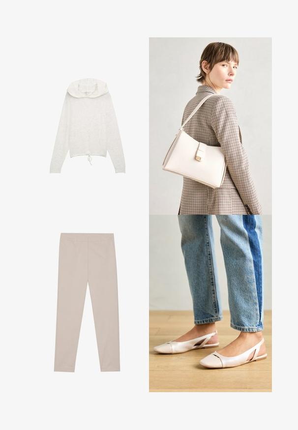 Valge pika varrukaga kapuutsiga särk, millel on nööriga hem ja pehme, tekstuuriga kangas, ümmargune kihiline kapuutsidisain.; Beige püksid, mis on valmistatud pehmest kangast, sirge lõikega, esiигusid ja puhta vöökoht ilma kaunistuste või mustriteta.; Kahvatu roosa slingback lapikute jalatsite paar, millel on terav varvas, valmistatud siledast nahataolisest materjalist. Omab külgedel lõikekohti ja lapikut kontsa.; Valge nahast käekott struktureeritud disainiga, millel on magnetlukk ja õlavarre rihm, esitletud neutraalse tausta ees.