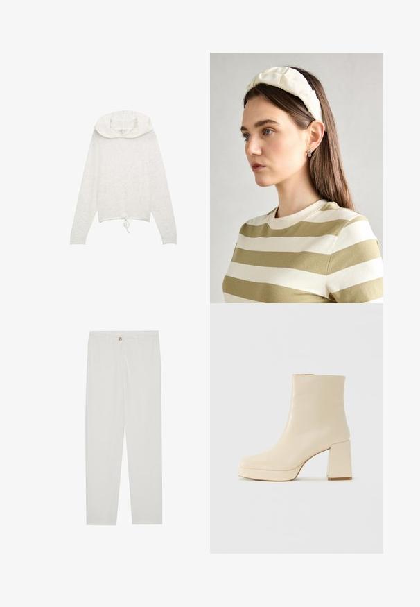 Fehér, hosszú ujjú kapucnis felső, húzózsinóros alsó résszel, puha, strukturált anyagból készült, kerek, réteges kapucnival.; Fehér, testreszabott nadrág egyenes szárú szabással, gombos záródással, övcsatolókkal és oldalsó zsebekkel; sima textúrájú anyag.; Beige bőr bokacsizma bársonyos felülettel, tömbsarokkal és platform talppal, enyhén szögletes orral, balra nézve, fehér háttér előtt.; Krém színű párnázott fejpánt csavaros kivitelezéssel, bézs és fehér csíkos pólóval párosítva, kerek nyakkivágással. Diszkrét ékszer kiegészítők.
