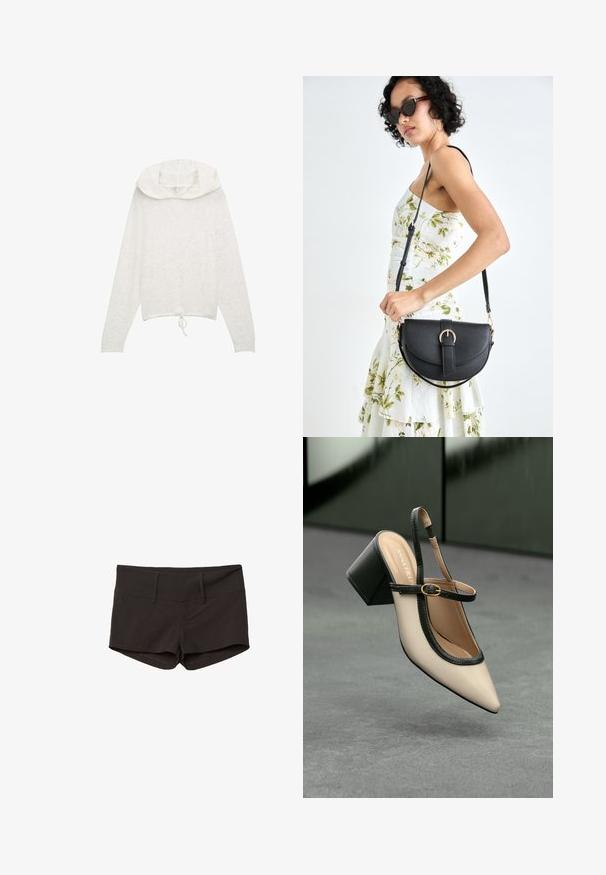 Vit långärmad hoodie med dragsko i nederkant, som har ett mjukt, texturerat tyg och en rund, lager-på-lager huva.; Svarta bomullsshorts med en figurnära design, som har en mjuk yta och två framfickor. Midje med medelhög höjd och inga synliga mönster.; Beige slingback-sko med hög klack, spetsig tå, svart kant och spänndetalj. Slätt material med matt finish, medelhög klossklack.; Svart läderhandväska med en böjd form, avtagbar rem och guldiga detaljer. Väskan har ett lock med en spänndetalj.