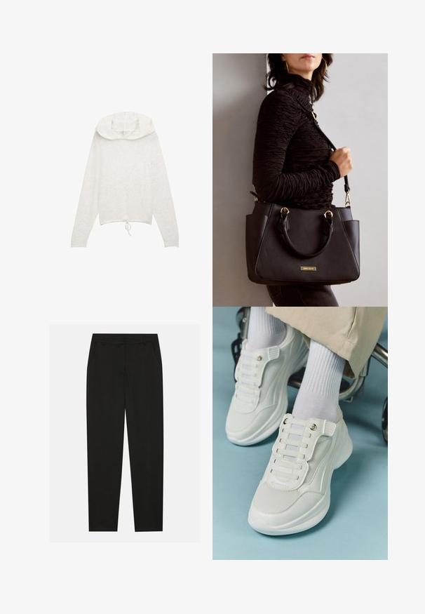 Witte lange mouwen hoodie met een trekkoord aan de onderkant, gemaakt van een zachte, gestructureerde stof en met een ronde, gelaagde capuchonontwerp.; Zwarte broek met een tailormade ontwerp, voorzien van zijzakken en een rechte pijp. Gemaakt van een soepele, lichte stof met een strakke afwerking.; Witte sneakers met een mesh materiaal, rubberen zool, vetersloze uitvoering met elastische banden en gouden accenten.; Zwarte handtas met gestructureerd oppervlak, dubbele bovenhandvatten en verstelbare schouderriem. Voorzien van goudkleurige hardware en zijzakken.