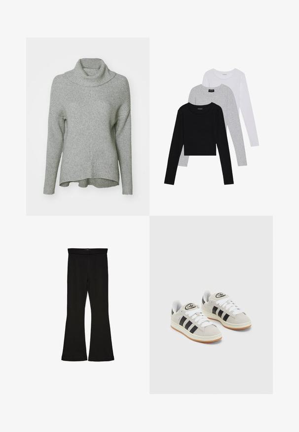Gray ribbed turtleneck sweater with a loose fit, long sleeves, and a folded collar. The hem is slightly longer at the back.; Three long-sleeve tops stacked: black, grey, and white. Each has a round neckline and a cropped design with smooth, lightweight fabric.; Black flare leggings made from stretchy fabric. Features a wide waistband and a smooth texture, with a fitted silhouette that flares at the hem.; Gray suede sneakers with white laces, black stripes, and a white rubber sole. Features a circular logo on the tongue and a gum sole.