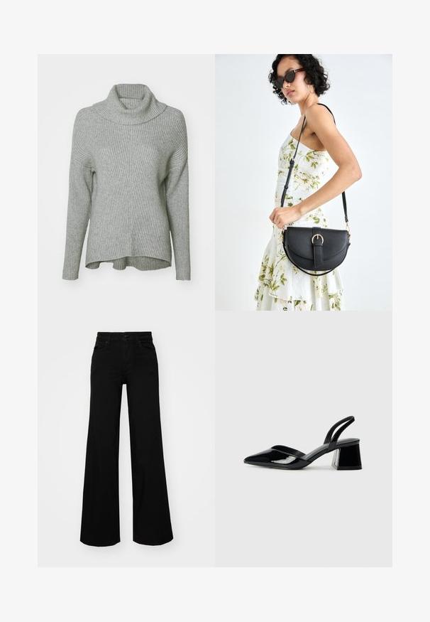 Grå stripete turtleneck genser med løs passform, lange ermer og foldet krage. Hem er litt lengre bak.; Svart vide bukser laget av denim, med en strukturert midjebånd, beltestropper og frontlommer. Glatt tekstur med et klassisk design.; Svarte patentlær slingback hæler med spiss tå og geometrisk blokk hæl. Har et stilrent, minimalistisk design og jevn tekstur.; Svart lærveske med en buet form, avtagbar stropp og gullbeslag. Vesken har et klaff med spenne-detall.
