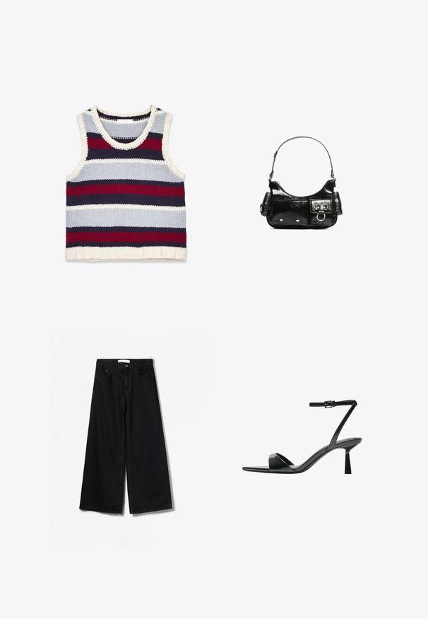Striped knit tank top in navy, red, light blue, and cream; features a round neckline and ribbed hem. Textured cotton material.; Bershka WIDE-LEG - Wide Leg - black; Bershka High heeled sandals - black; Black patent leather handbag with a curved shape, one shoulder strap, front pockets, and silver-tone hardware accents.