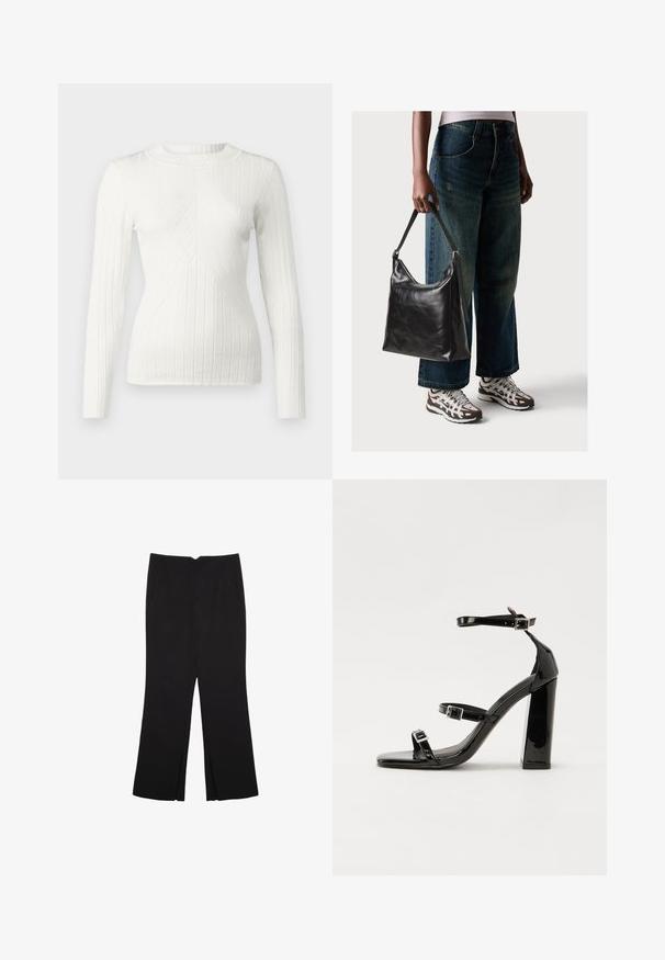 JDY JDYKATE - Strickpullover - cloud dancer; Schwarze Hose mit geradem Schnitt, ausgestattet mit Fronttaschen und Seitenschlitzen am Saum. Hergestellt aus weichem, glattem Stoff. Geeignet für verschiedene Anlässe.; Schwarze patentierte Sandalen mit Absatz, quadratischer Spitze, Knöchelriemen und silbernen Schnallen. Mit einem stabilen Blockabsatz für mehr Stabilität.; Schwarze Leder-Schultertasche mit glatter Textur und verstellbarem Riemen, kombiniert mit ausgewaschenen weit geschnittenen Jeans und sportlichen Sneakern.