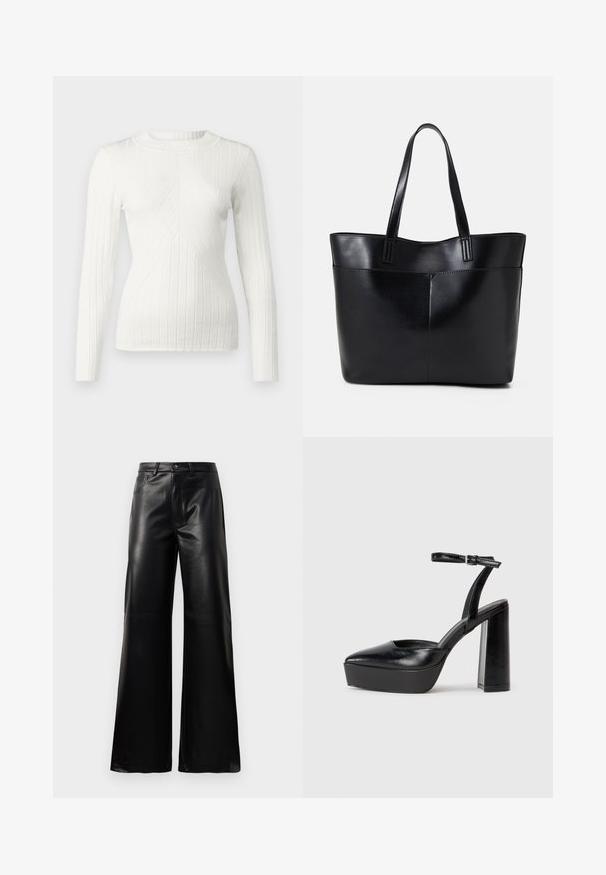 JDY JDYKATE - Vesta - cloud dancer; Crne visoke široke hlače od umjetne kože s prednjim gumbom, zatvaranjem na zip, petljama za pojas i bočnim džepovima na bijeloj pozadini.; Crne platforme s potpeticom s oštrim vrhom i podešivom naramenicom. Izrađene od glatke kože, s masivnom blok petom.; Crna kožna torba s dugim ručkama, glatkom teksturom i strukturiranim oblikom. Ima prednju džep za dodatno pohranu.